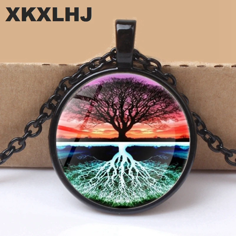 XKXLHJ 2018 New Life Tree Art Photo Tibet Bullion Glass Pendant Chain Necklace Jewelry