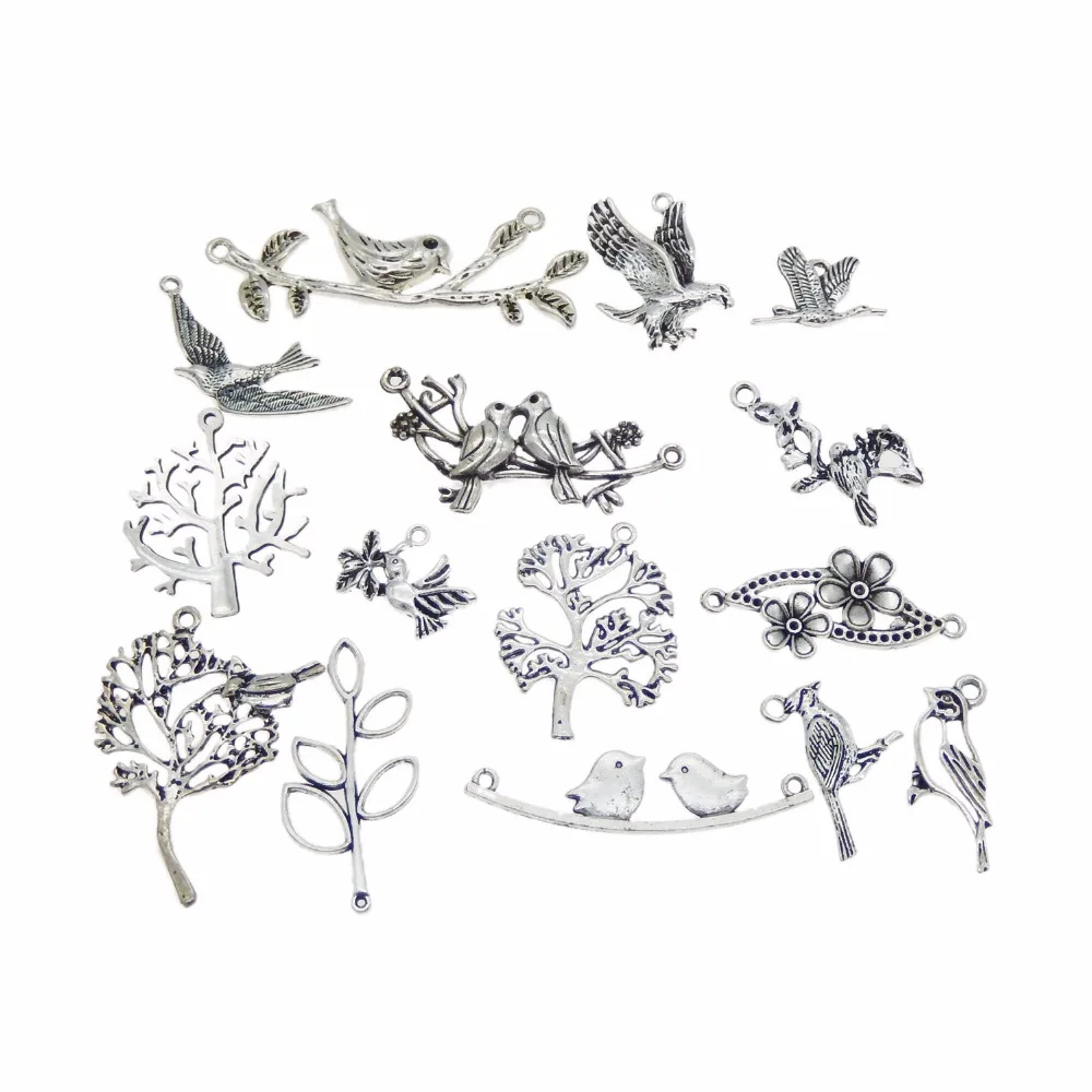 GraceAngie 15pcs/pack Mixed Zinc Alloy Bird Branch Pendant Jewelry Accessories Bird and tree charms Plant Cute Sweet Style