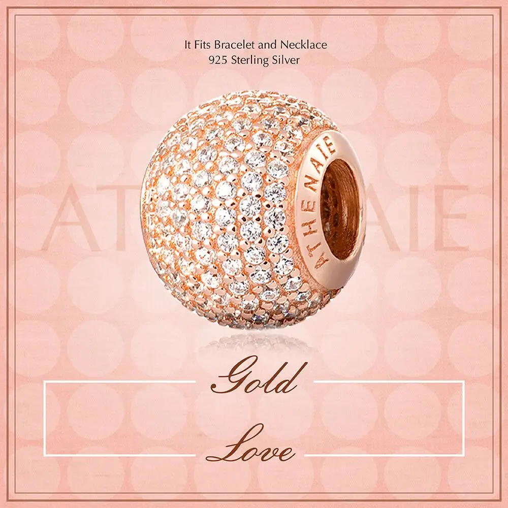 ATHENAIE 925 Silver with Pave Clear CZ Romantic Love Charm Beads Fit All European Bracelets Necklace Color Rose Gold Jewelry