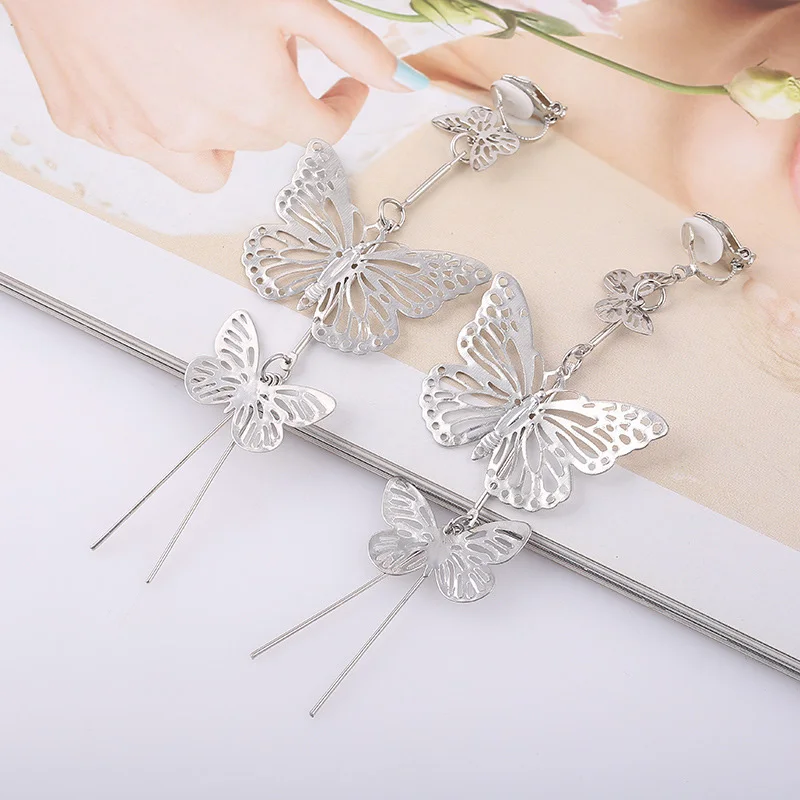 Grace Jun New Design 3 Butterfly Shape Tassel Clip on Earrings Wihtout Piercing for Women Fashion Luxury Big Statement Earrings