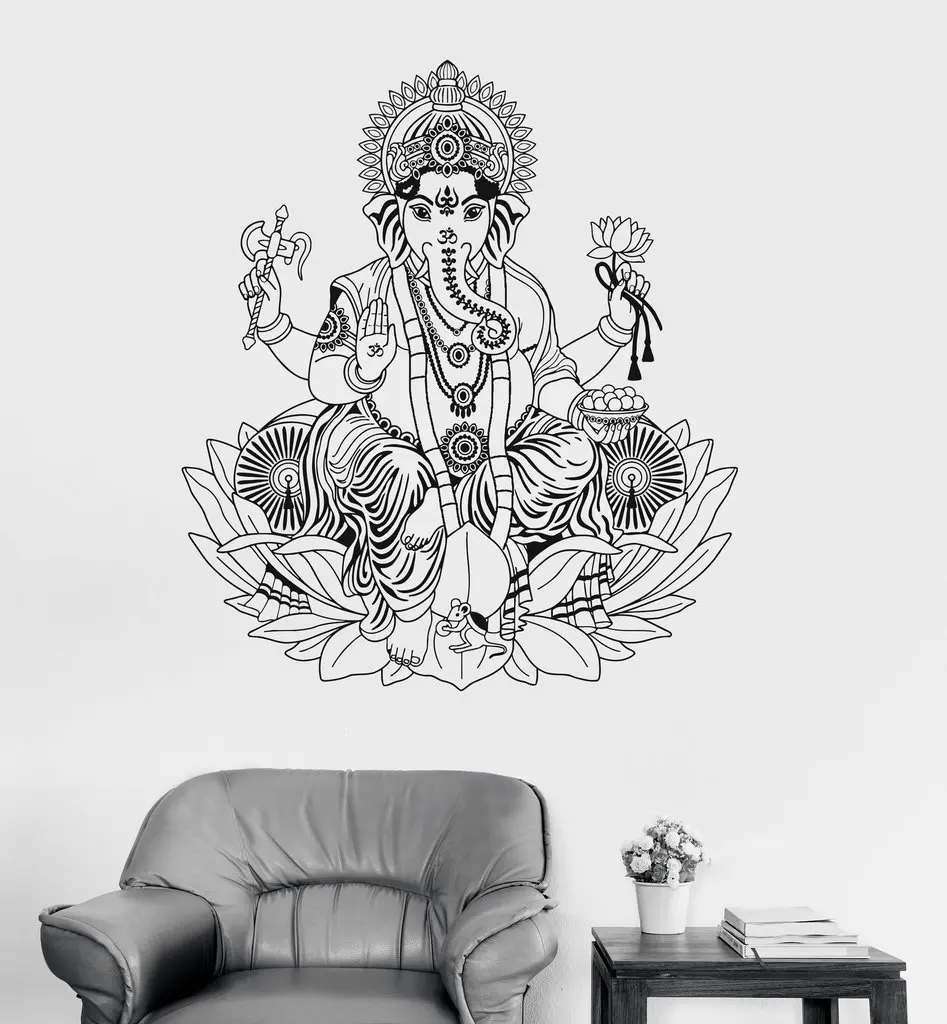 Vinyl Wall Decal Ganesha Lotus Hinduism God Hindu India Decor Wall Stickers Elephant Wall Stickers Home Decor Living Room A418