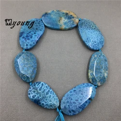 Oval Faceted Blue Chrysanthemum Stone Slice beads,Natural Coral Gem Stone Sediment Slab Pendant Beads for jewelry MY1505