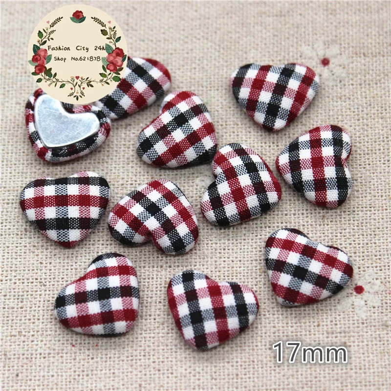 17mm 50pcs Mix Colors Lattice Fabric Covered Heart Button Flatback Cabochon DIY Decoration Button Scrapbooking,BK1027