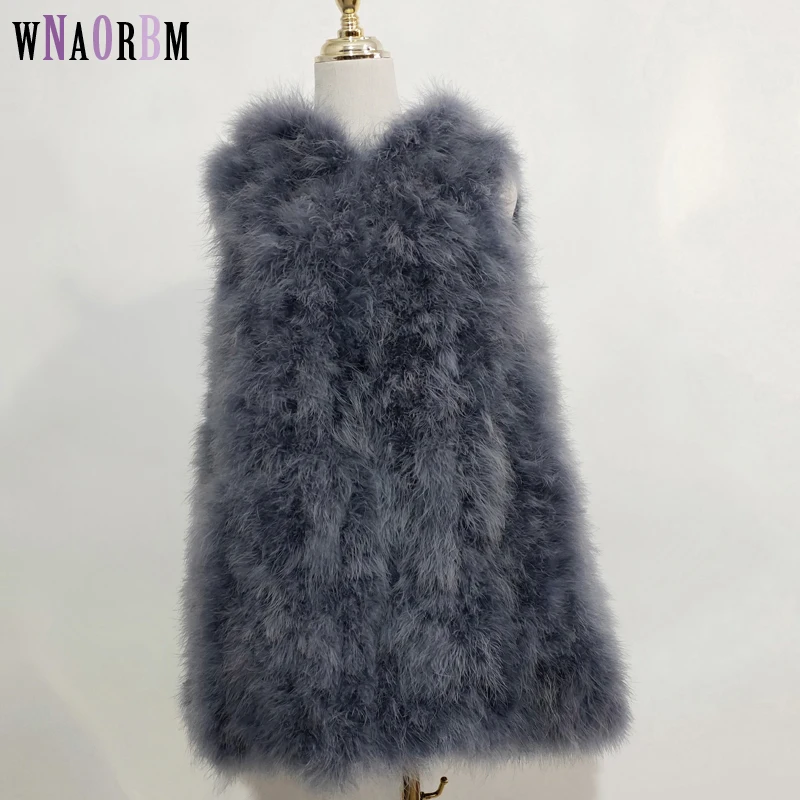 New ostrich hair vest 70 cm long plus hat small fresh 100% turkey feather vest real fur coat Encrypted hand weaving