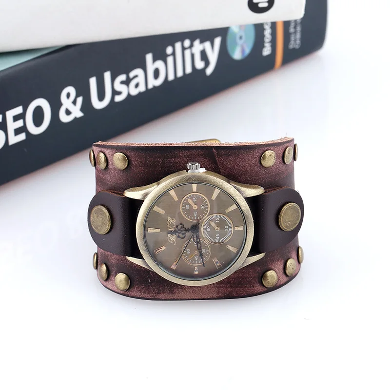 Wristwatch Antique Charms Bracelets For Men Women Genuine Leather Punk Rivet Belt Buckle Big Wide Cuff Bangles Jewelry