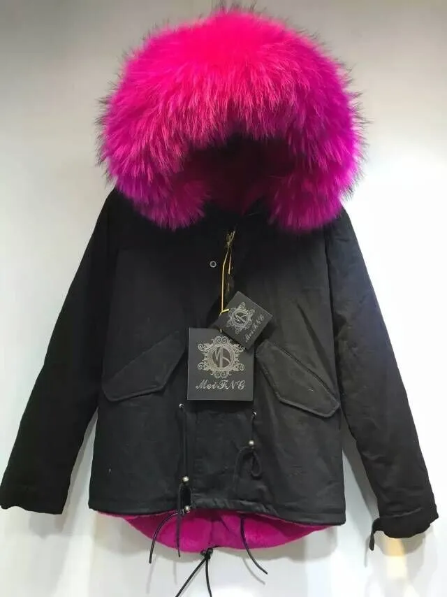 Short Fur Parka Ladies Wear Hot Sale Thickness Rose Red Faux Fur Lined Black Shell Coat