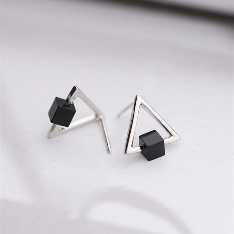 Triangle Square Black Elegant Korea Silver Color Trendy Female Stud Earrings For Women Girl Luxury Jewelry Party Gift