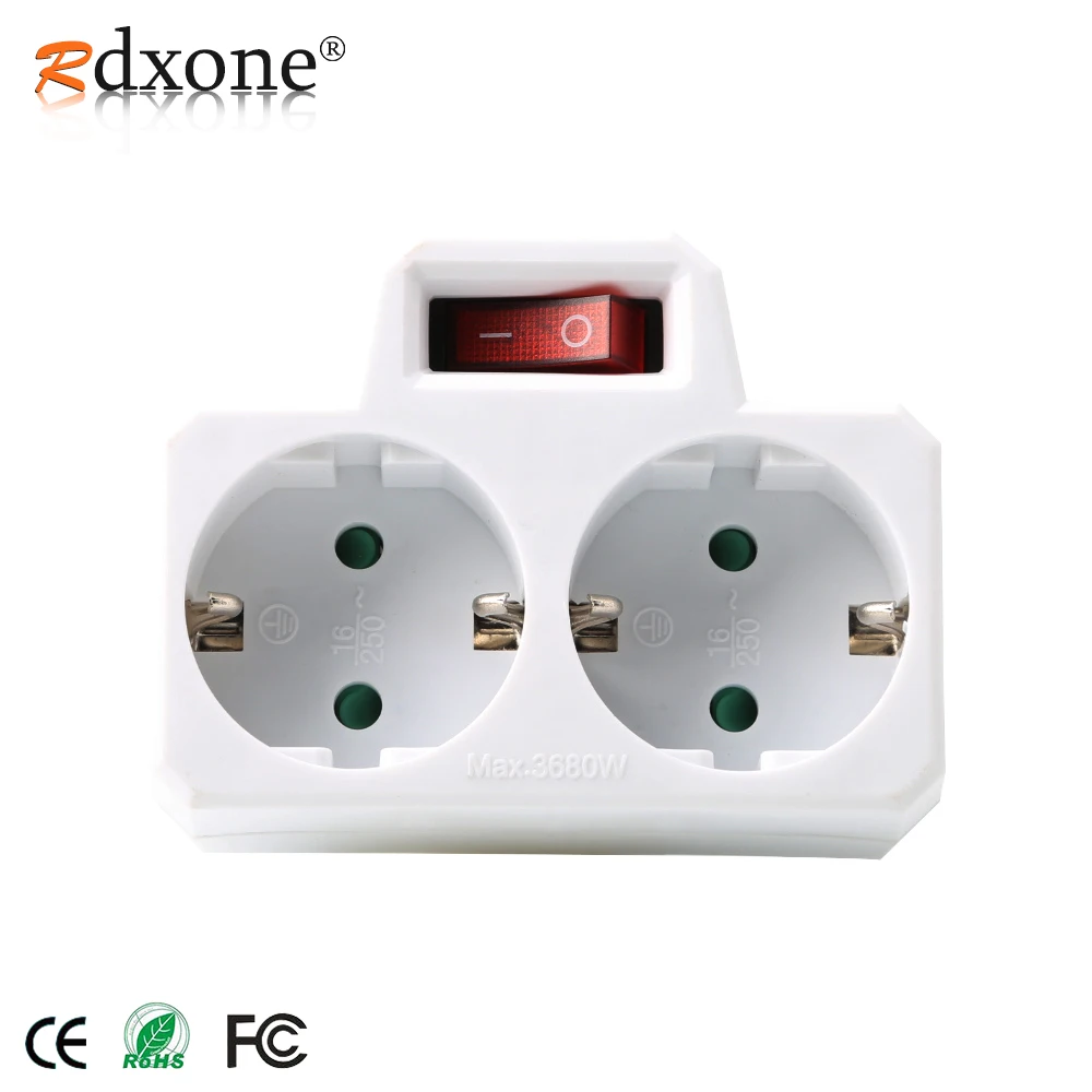 Rdxone 16A European Type Conversion Plug 1 TO 2 Way EU Standard Power Adapter Socket with Switch