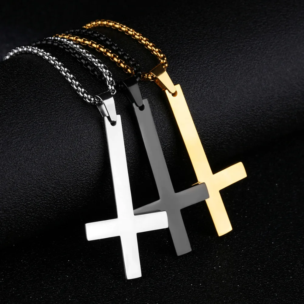 New Design Silver/Gold/Black Color Stainless Steel Women/Men Popular Inverted Cross Pendant Curb Necklace Jewelry