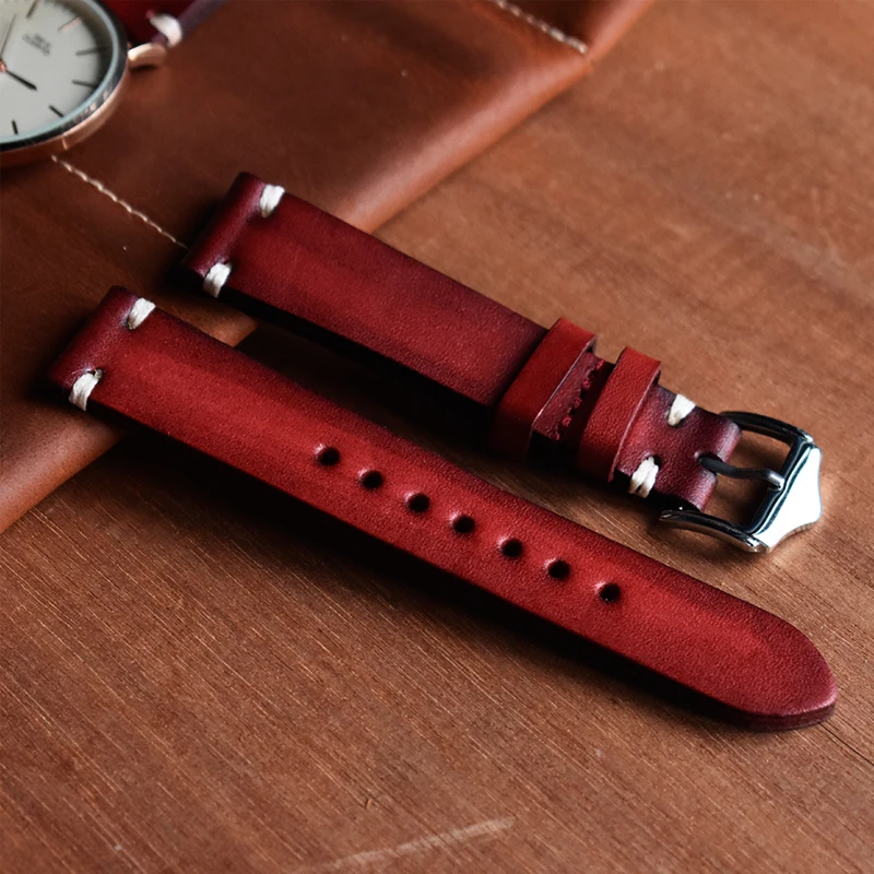 ONTHELEVEL Handmade Vintage Watchband Genuine Leather Watch Strap Red/Black/Blue Replacement Band Buckle 20mm