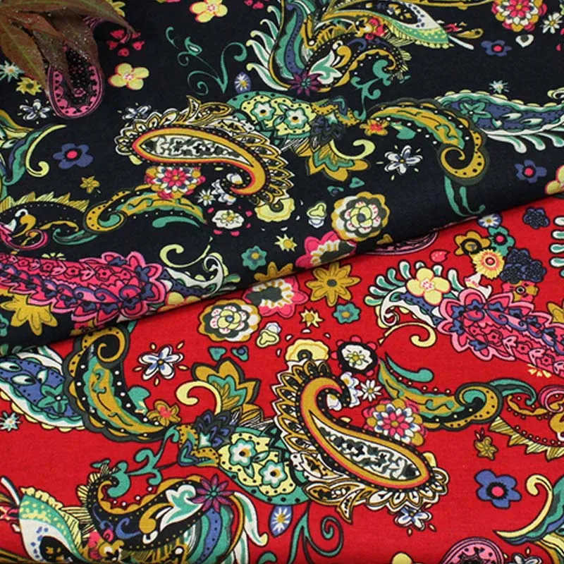 cotton and linen ethnic red dark blue Paisley Pattern floral textile for DIY handwork tablecloth curtains blouse dress fabrics