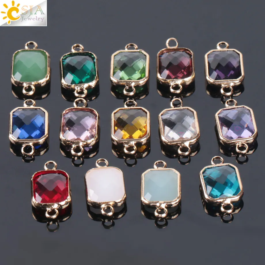 CSJA Bohemian Square Crystal Glass Beads Gold Color Double Rings Pendant for Necklace Bracelets Connector Jewellery Finding E880