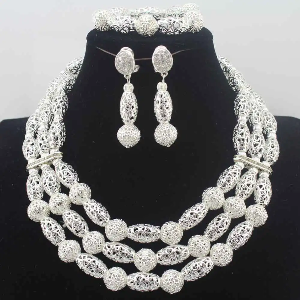 Christmas New Fashion African Wedding Jewelry Set Handmade 3 Layers Silver Beads Bridal Necklace Jewelry Sets Free Ship W13692