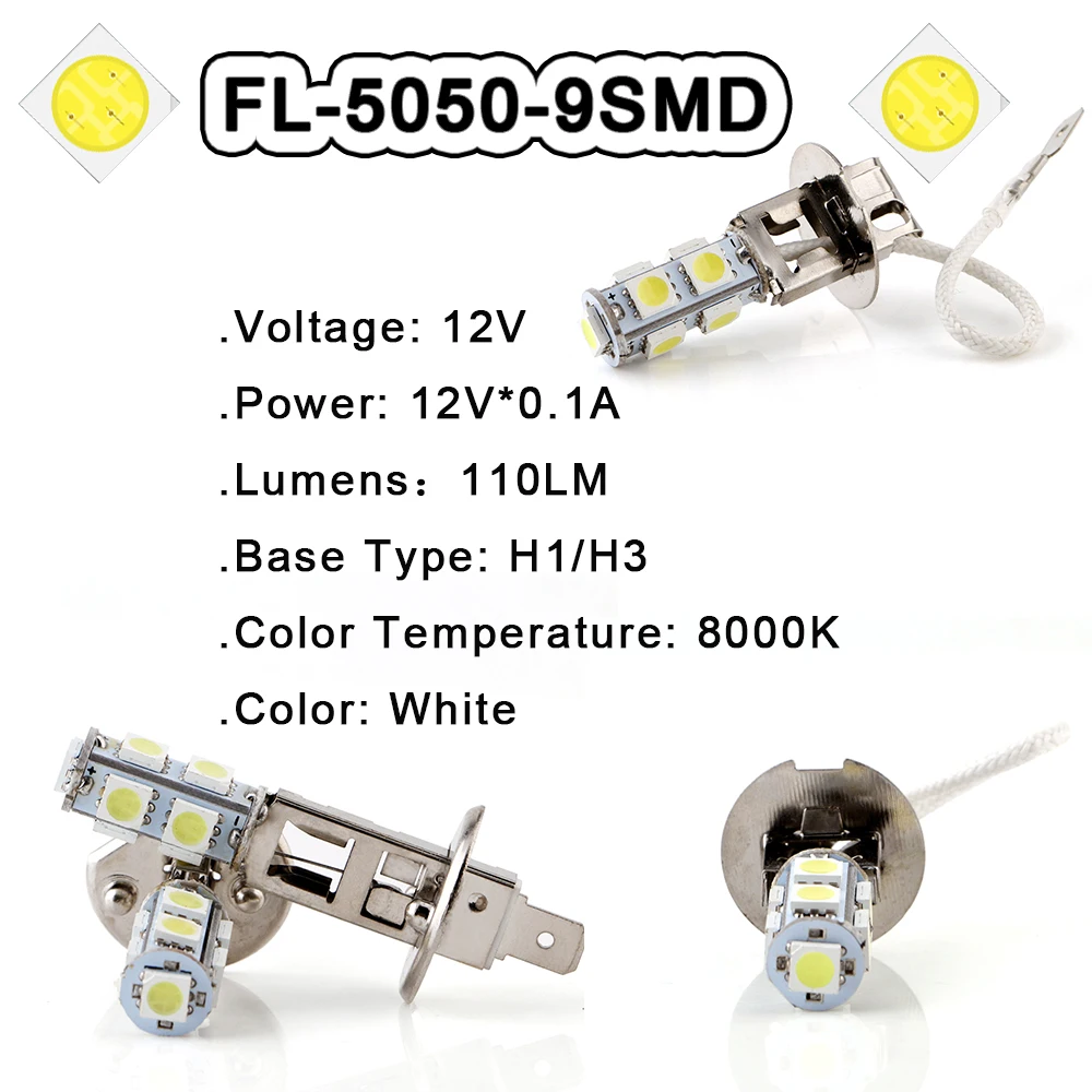 2pcs 12V H1 H3 5050 9 SMD LED 110LM 8000K Car Headlights Fog Lamps Auto Bulbs Lamp Fog Lights White Bulbs Car Styling 360 degree