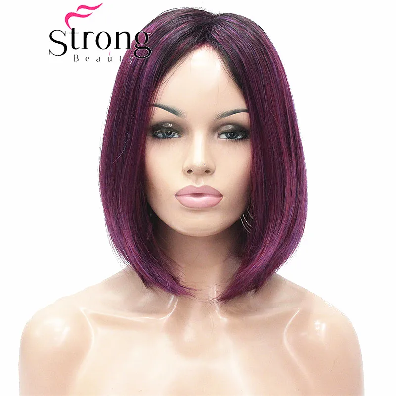 StrongBeauty Angled Bob Wig Ombre Deep Purple Dark Root Midnight Berry Synthetic Fiber Short Wigs