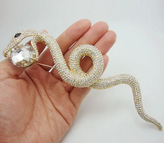 TTjewelry High Quality Luxurious Long Snake Pendant Animal Brooch Pin Clear Rhinestone Crystal Classic Women Party Brooch