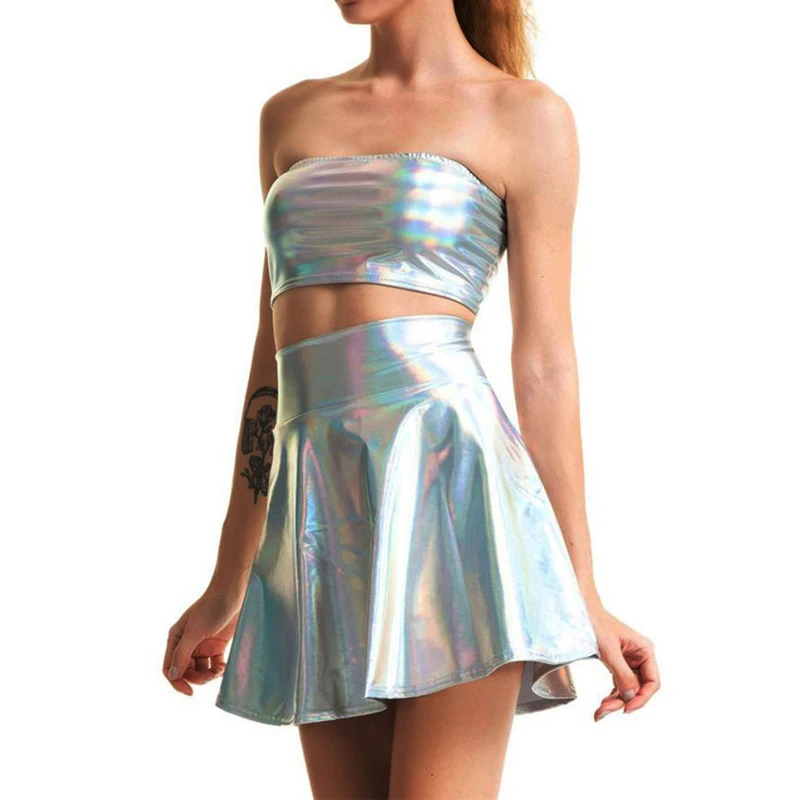 Bling Silver Holographic Women Strapless Tops Mini Skirts Two Piece Set Turtleneck Top Sexy Skirt 2 Pcs Set Summer Streetwear