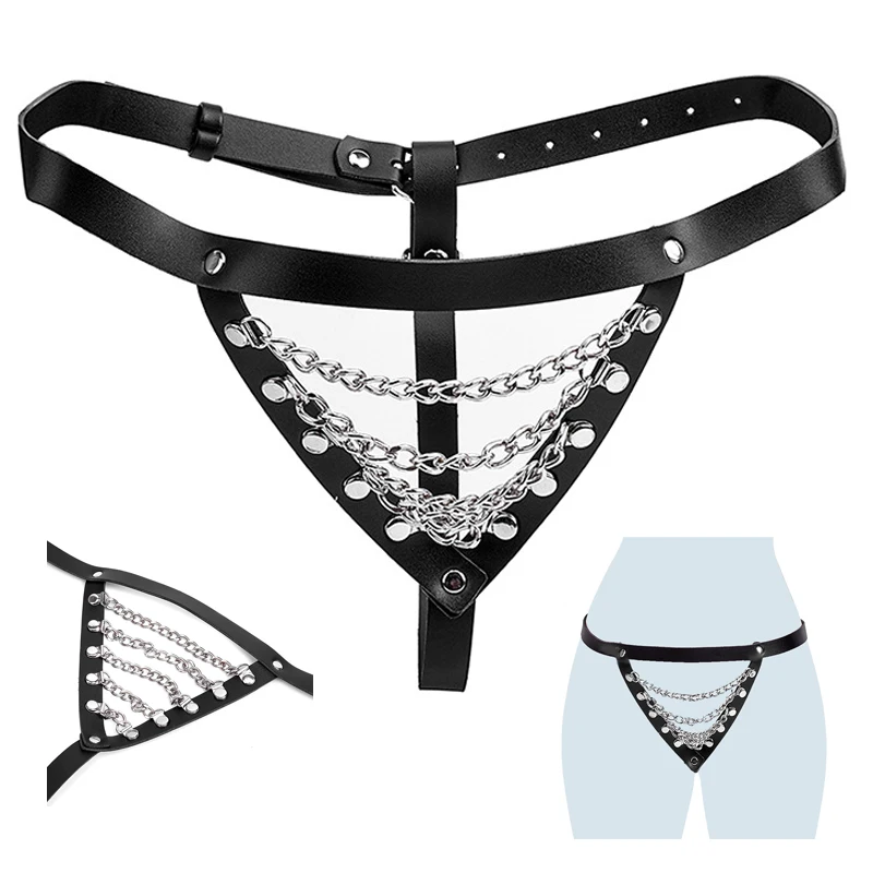 

Sexy Leather Temptation Chain Underwear Open Crotch Panties Strap On Harness Bondage Restraints Women Lingerie T-pants Sex Toys