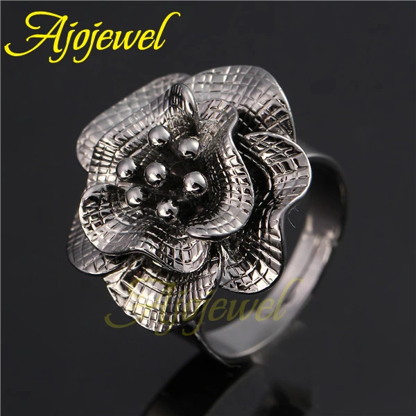 Ajojewel Gun Black Large Flower Women Ring Adjustable Finger Jewelry Wholesale Vintage Ladies Rings Retro Gift