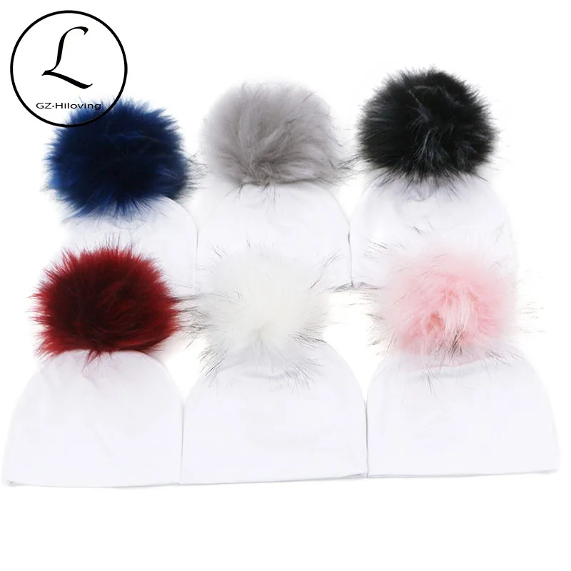 2018 Newborn Baby Hat Faux Raccoon Fur Pompom Beanie Hats Cotton Solid Hat For Baby Girls Boys Toddler Winter Children Hats Caps