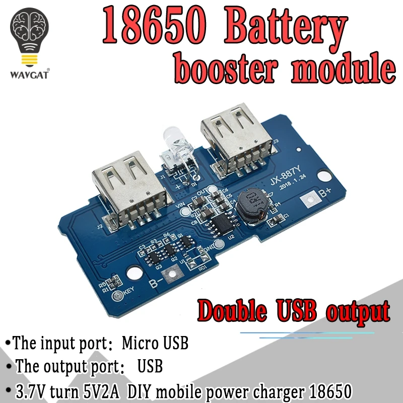 WAVGAT 5V 2A 18650 Power Bank Charger Module Charging Circuit Board Step Up Boost Power Supply Module Dual USB Output 1A Input