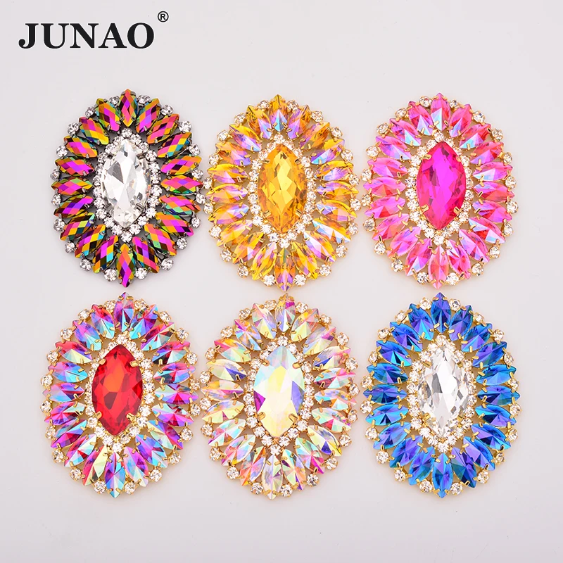 JUNAO 54*70mm 1pcs Sew On Colorful Glass Rhinestone Applique Big Flower Crystal Strass Stones For Dress Shoes Jewelry Crafts