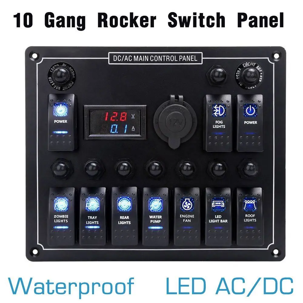 

New 10 Gang Waterproof Car Auto Boat Marine LED AC/DC Rocker Switch Panel Dual Power Control Overload Protection 15A DC Output