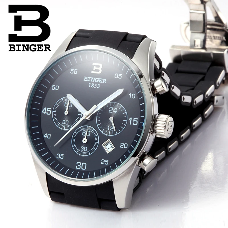 Luxury Brand Switzerland BINGER Men Stainless Steel Sapphire Luminous Gold Quartz Watches Hunter Three Eye Stopwatch waterproof