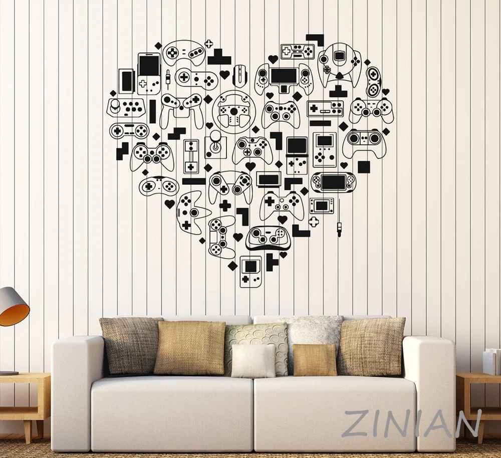 Fashion Vinyl Wall Decal Video Game Console Gamer Heart Joystick Stickers Game Zone Wall Door Decor Decals DIY Murals Z563