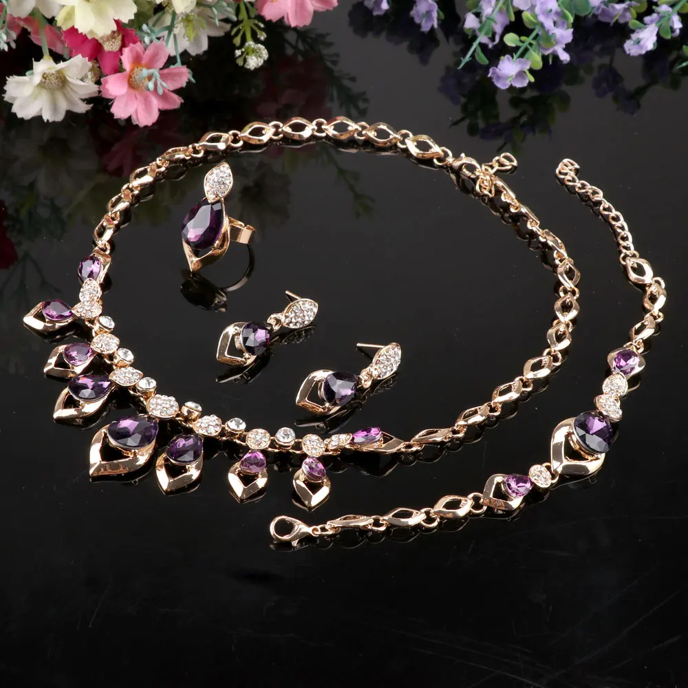 African Jewelry Set Gold Color Purple Zircon Austrian Crystal Women Wedding Necklace Bracelet Earring Ring Jewelry Set