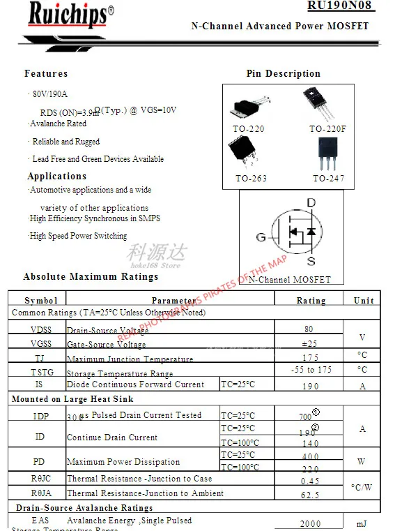10 ピース/ロットに RU190N08Q 247 RU190N08 190N08 190N08Q 在庫