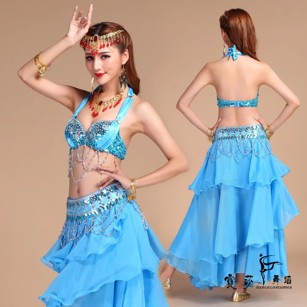 6 Colors Stage Performance Oriental Belly Dancing Clothes 3-piece Suit Bead Bra, Belt & Skirt Belly Dance Costume Set