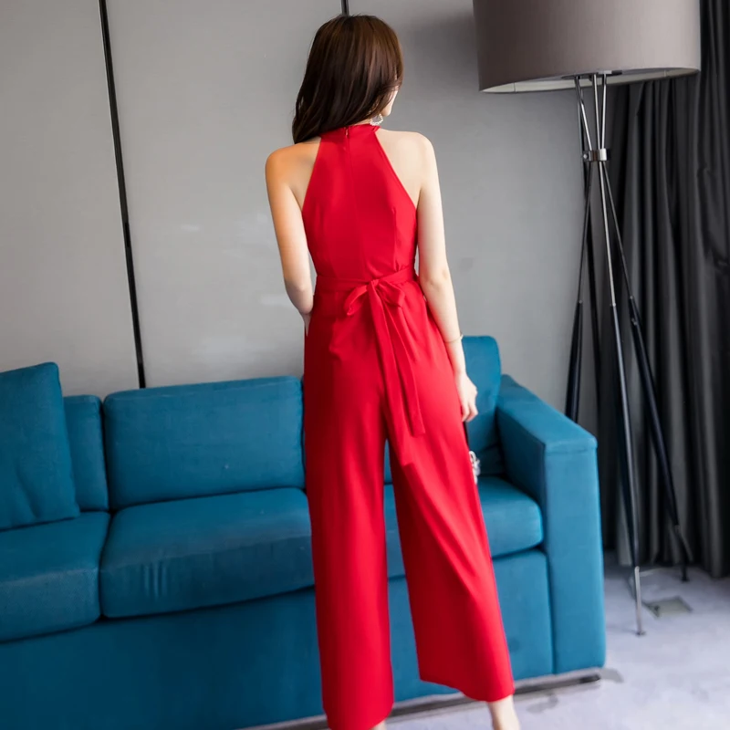 ฤดูร้อน Elegant Jumpsuits สำหรับสตรี 2019 สตรี Playsuit Halter ปิดไหล่ Rompers แขนกุดขากว้างง่าย Jumpsuit DD1933