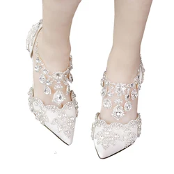 New arrival Pointed toe Womens wedding shoes Red sole Ankle strap shoes woman crystal party dress shoes RED/WHITE/PINK