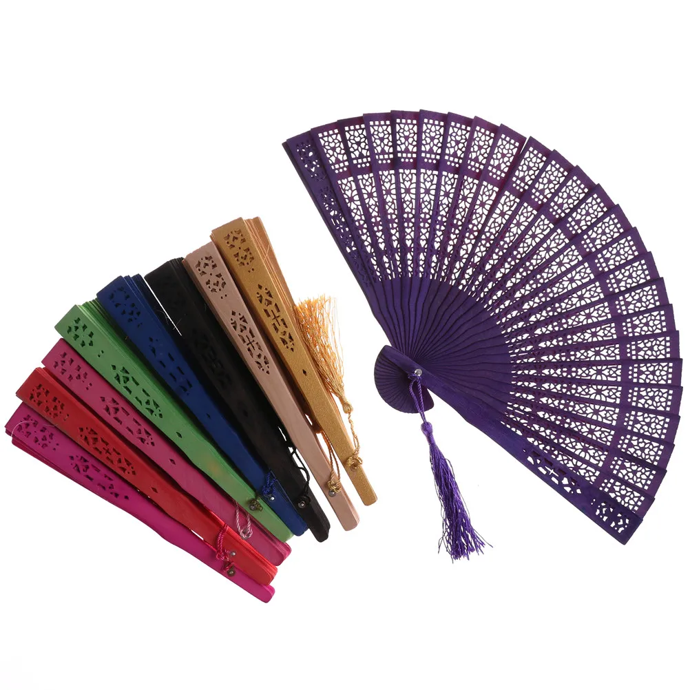 1PC Chinese Vintage Wood Hollow Carved Hand Fan Foldable Fan Gifts Home Decor Pocket Fan Wedding Bridal Party Multi Color Favors