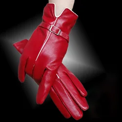 Leather gloves sheepskin gloves ladies women gloves warm plus velvet buttons multi - color