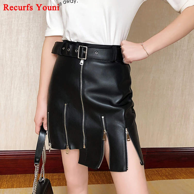 Novelty Women Punk Mini Skirt Winter Girls Above Knee Genuine Leather Belt Short Saia Mujer Solid White Zippers Decorate Faldas