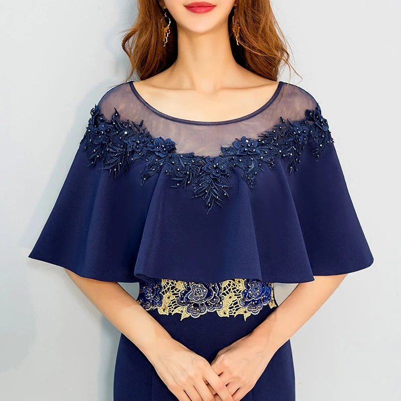 Beauty Emily Navy blue Evening Dress Cloak Cape Drape Tunic Formal Celebrity Elegant Evening Party fishtail Dress Spring