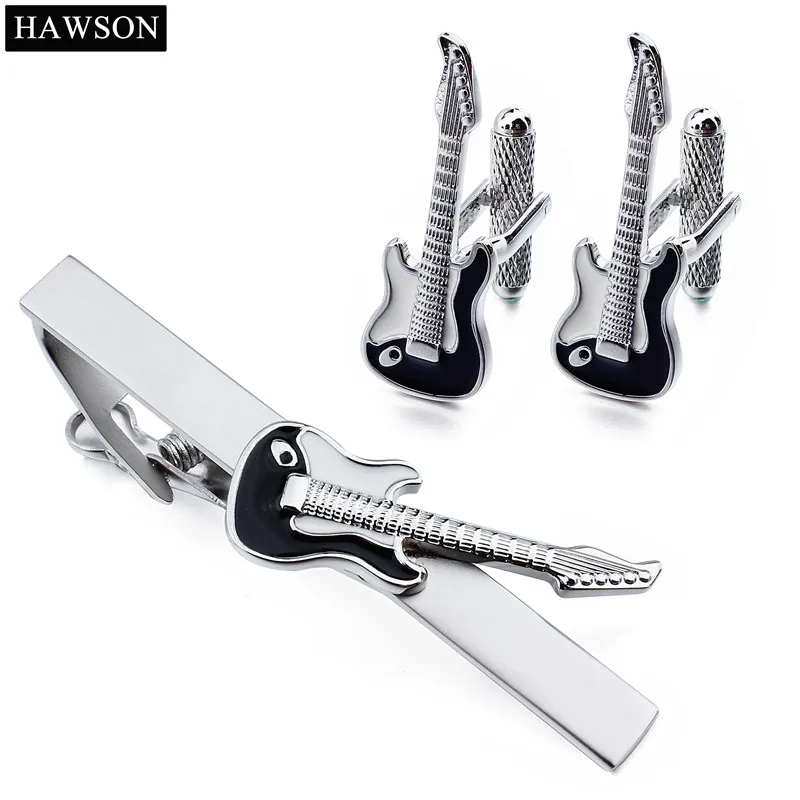 Guitar Pattern Cufflinks Set HAWSON Musical Instruments Tie Clip Cuff Links Match Mens Party Ceremony Shirt