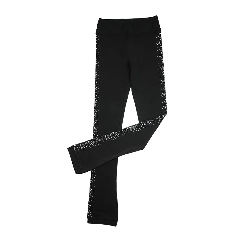 Pantaloni da pattinaggio di figura pantaloni da ghiaccio da donna da donna Spandex nero abbigliamento da pattinaggio elastico strass tinta unita adolescenti sport bambino