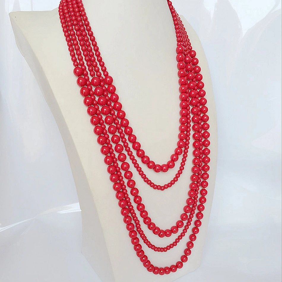 Red Fashion Statement Five Layers Acrylic Beaded Necklace For Female Girls