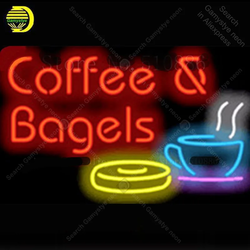 Glass Neon Sign For Coffee & Bagels Cafe Glass Tube Display Light Lamp Decorative Bar Beer Decor Bulbs Neon Signs Wall Decor