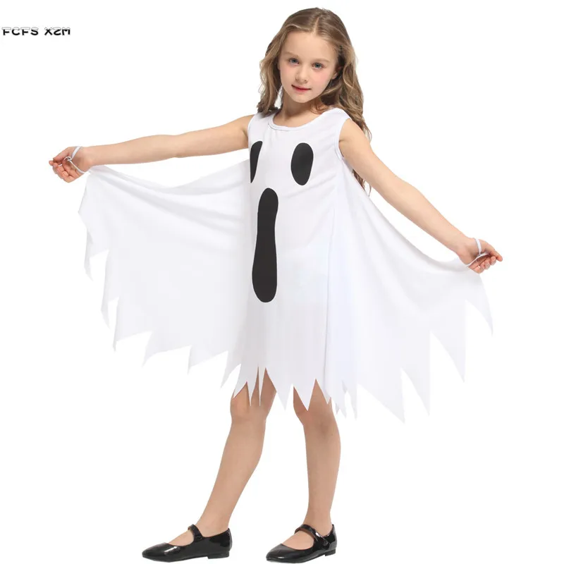 Girls Fiend White Ghost Cosplay Kid Children Halloween Hell Devil Scary Costume Carnival Purim Stage Play Masquerade Party Dress