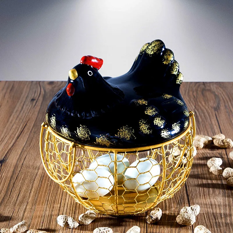 Ceramic Egg Holder Chicken Wire Egg Basket Fruit Basket Creative Collection Ceramic Hen Oraments Decoration Kitchen Accessories