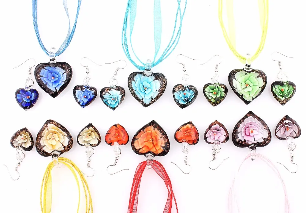 Wholesale 6Sets Murano Lampwork Glass Charm Heart Sets For Womens Jewelry Hot Style