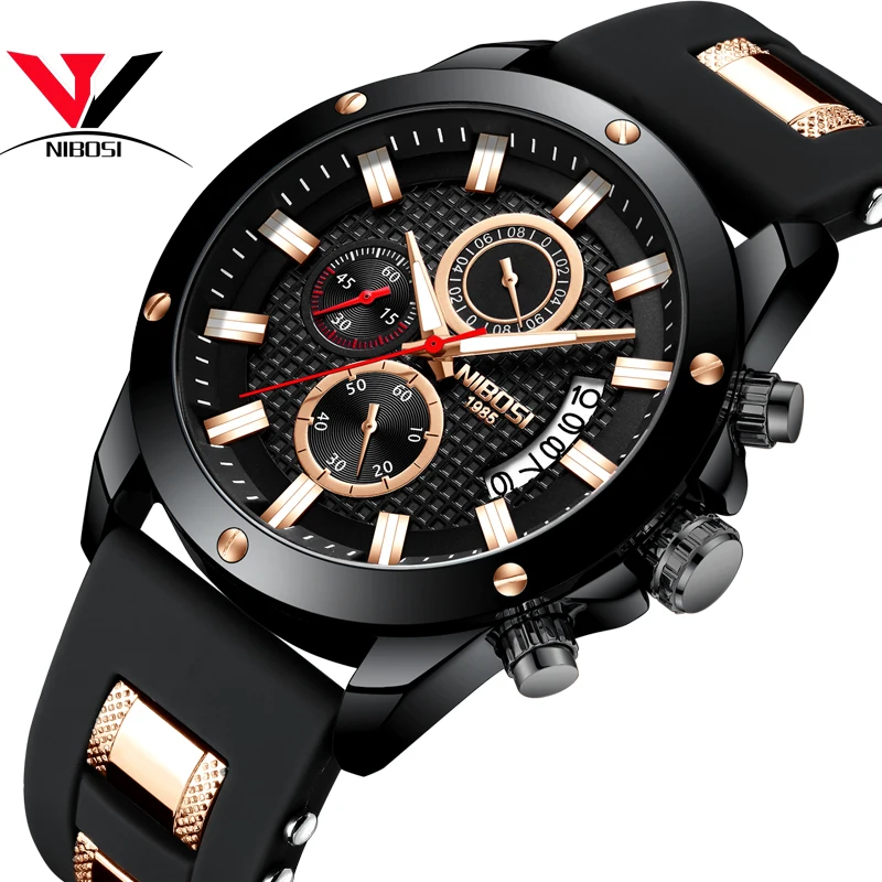 

NIBOSI Sport Watch Waterproof Chronograph Men Watches Military Army 2018 Luxury Brand Silicone Black Analog Clock Men Auto Date