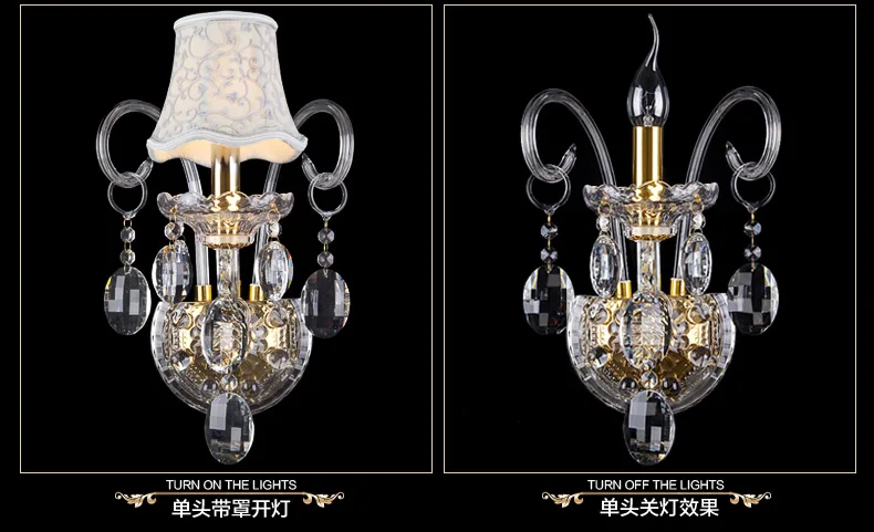 Luxury top K9 crystals transparent gold Crystal Wall Lamp Candle 1/2/3 E14 Bulbs heads lampshades beside bed room light