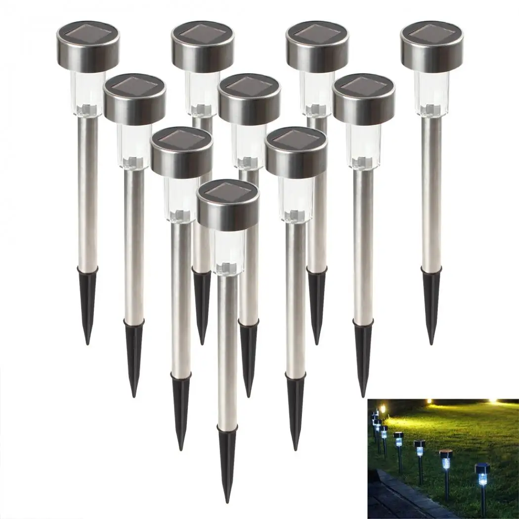 10pcs/lot Stainless Steel White Light LED Solar Lawn Lights for Garden Decor Outdoor Waterproof IP65 Bollard Solar Stick Lights