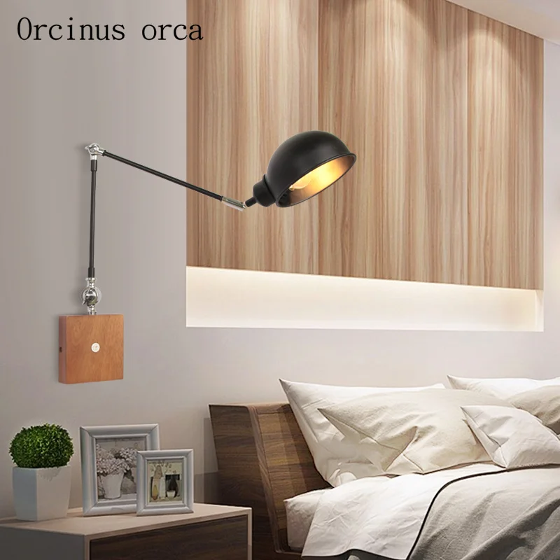 Nordic modern minimalist LED wall lamp living room bedroom bedside lamp creative solid wood telescopic reading wall lamp