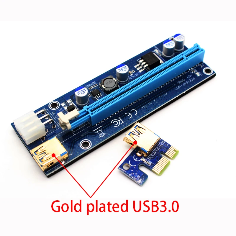 009S PCIE RISER 6PIN 16X for BTC mining with 2 LEDs Express Card Sata Power Cable and 60cm Gold USB 3.0 Quality Cable